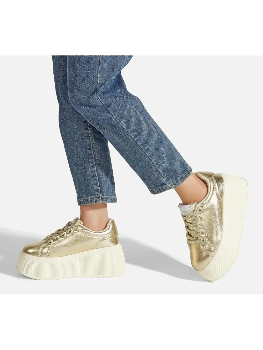 🆕LUCKY STEP Women's Gold Platform Wedge Canvas Sneakers Walking Shoes